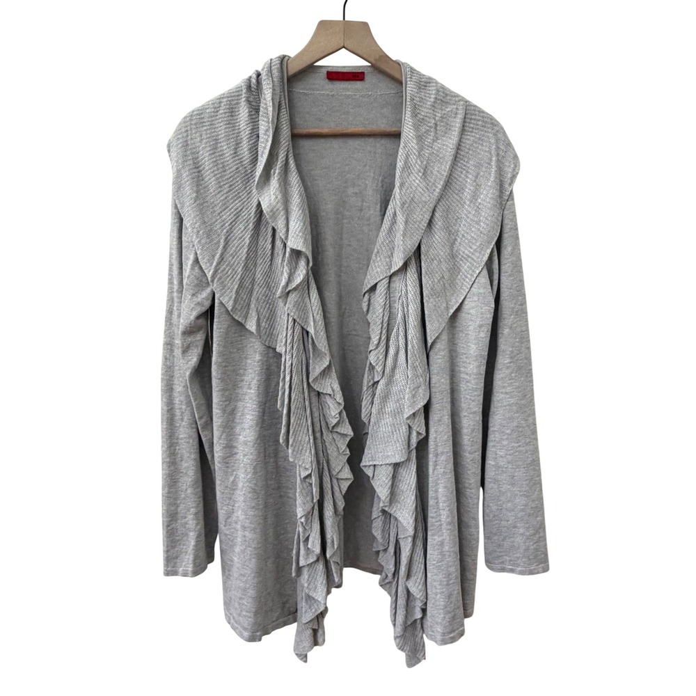 RED Cardigan XL Gray Ruffle Shawl Collar Open Front Long Sleeve Rayon